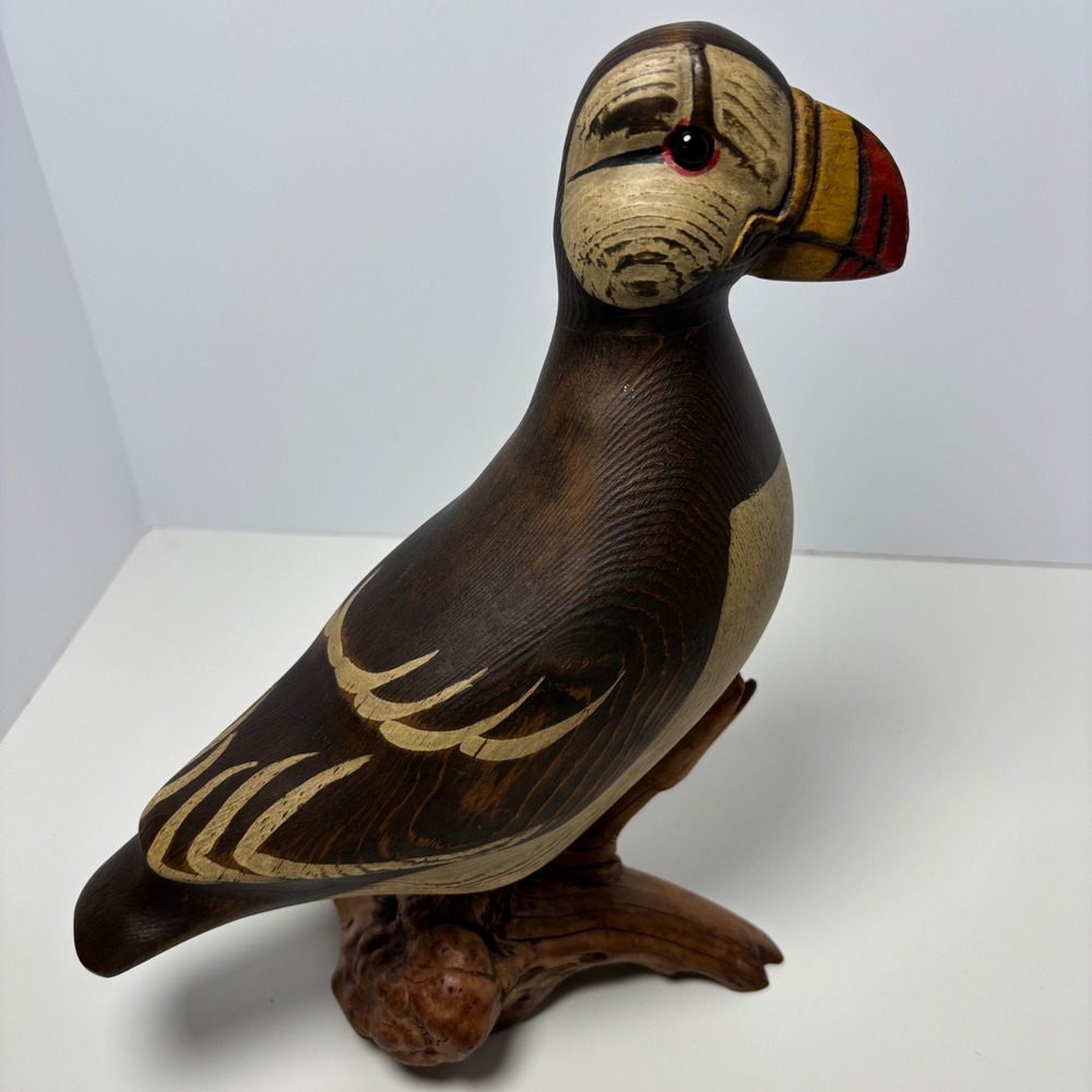 Big Sky Hand Carved Puffin Figurine Carvers Wood Signed Montana Burl Wood Base